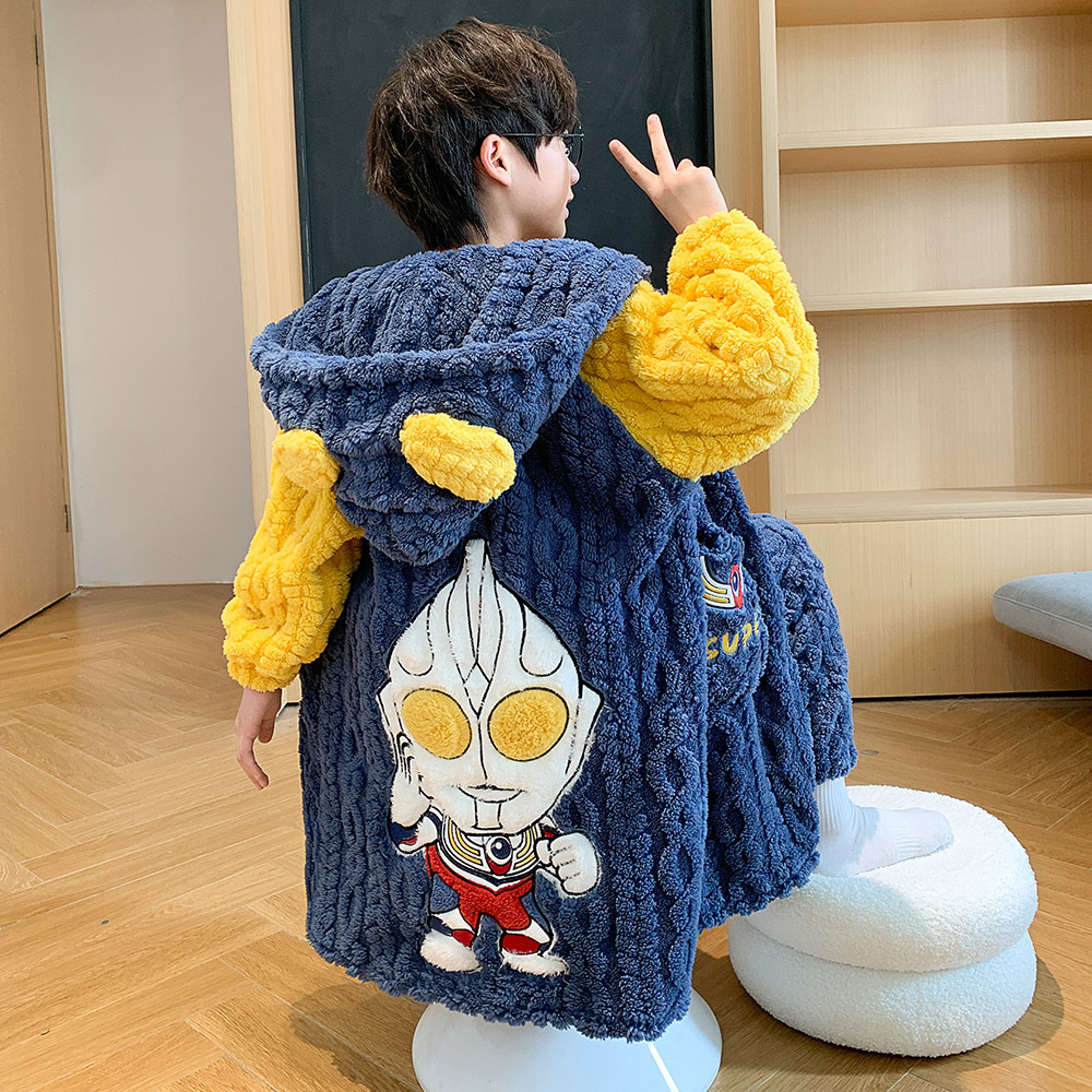 芬腾男童珊瑚绒加厚秋冬装睡袍中大童奥特曼儿童宝宝睡衣套装家居