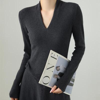 设计感V领水波纹修身针织羊毛针织衫女秋长袖内搭外穿打底衫毛衣