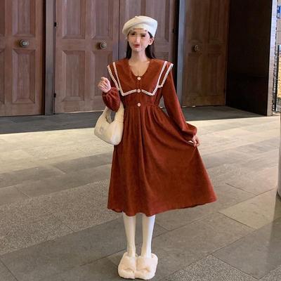 #276实拍2025秋冬新款法式复古翻领连衣裙显瘦绑带收腰长裙秋冬