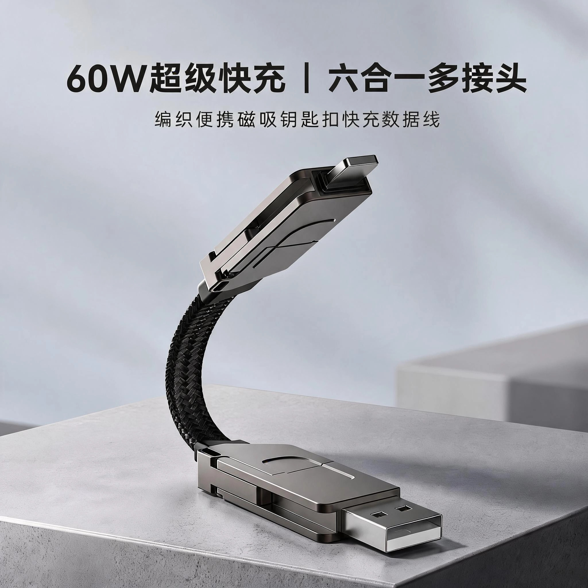 二拖二多功能数据线合金短线双typec超级快充60w六合一适用苹果安卓手机充电线pd27w多功能充电宝usb短款编织