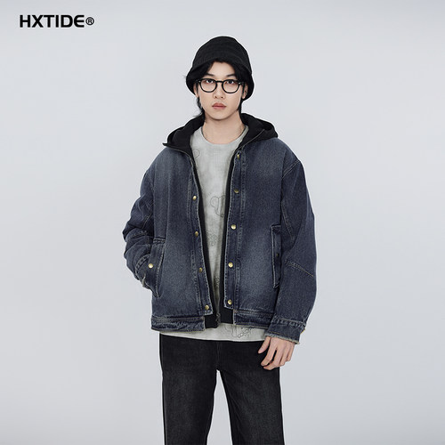 狐轩男装短款水洗牛仔带帽羽绒服