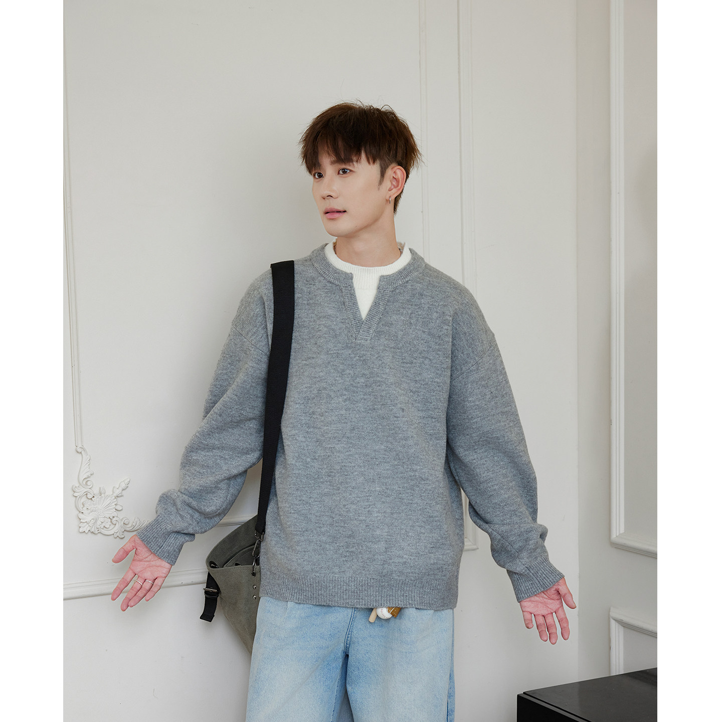 WAJ25秋冬美式撞色假两件宽松百搭针织毛衣男cleanfit简约打底衫,男装,针织衫/毛衣,淘宝优惠券,粉丝福利购,淘宝优惠卷