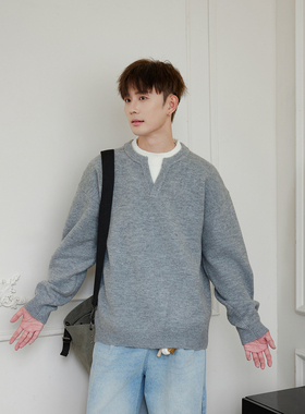 WAJ25秋冬美式撞色假两件宽松百搭针织毛衣男cleanfit简约打底衫