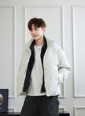 WAJ25冬季美式复古牛仔假两件90羽绒服男纯色百搭立领面包服外套