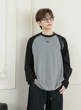 WAJ日系复古少年感拼色卫衣男休闲宽松百搭运动套头德绒长袖T恤潮