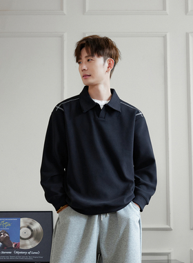 WAJ25秋冬明线撞色翻领POLO衫卫衣男日系休闲高级感宽松潮流上衣