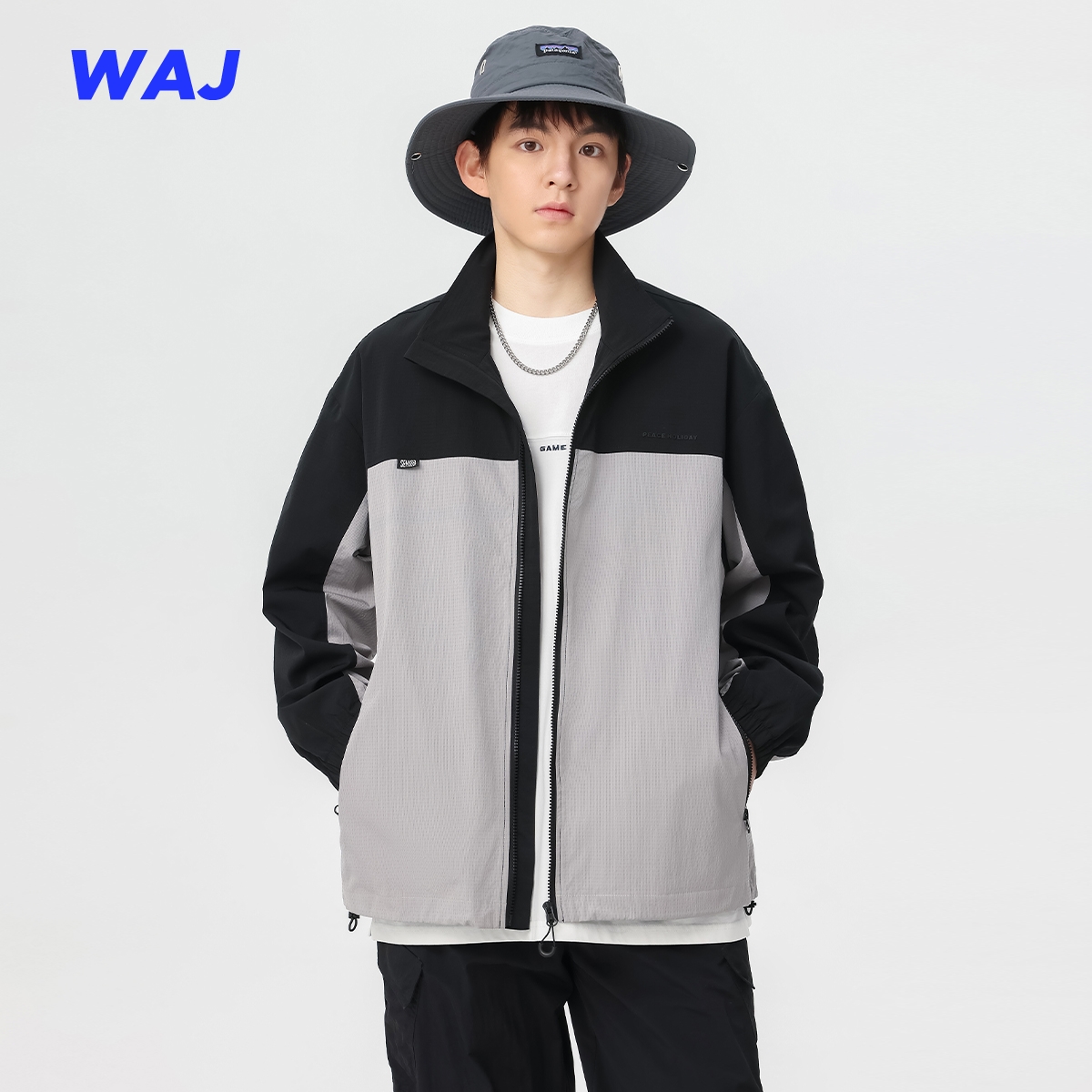 2025秋季款户外拼接撞色休闲外套男美式潮牌痞帅防风宽松教练夹克