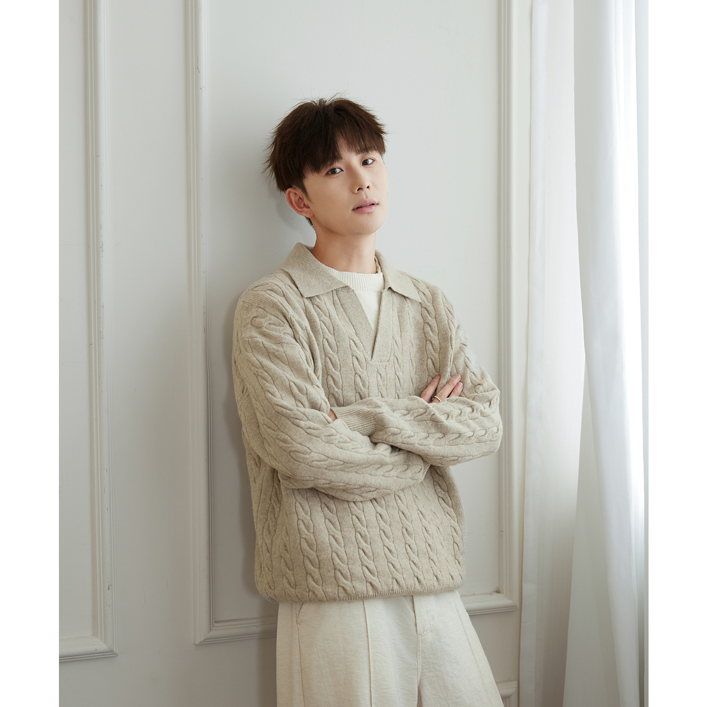 美式休闲羊毛混纺绞花POLO领毛衣