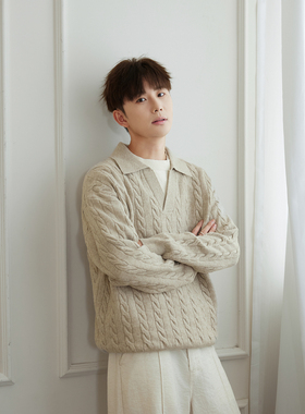 WAJ美式休闲羊毛混纺绞花POLO领毛衣男老钱风宽松休闲百搭针织衫