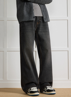 WAJ美式复古竹节石磨炒砂水洗做旧牛仔裤男vintage撞线高级感长裤