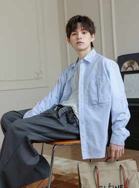 WAJ日系简约少年感蓝色条纹衬衫男立体口袋高密纯棉牛津纺薄外套