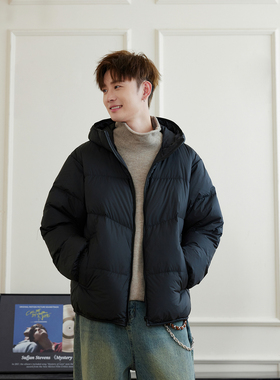 WAJ25冬季新款美式基础休闲连帽面包服男纯色百搭90白鸭绒羽绒服