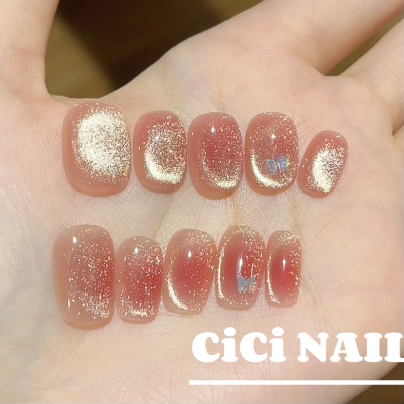 蝴蝶腮红猫眼穿戴甲温柔轻奢高级感2025新款手工甜美亮片美甲贴片