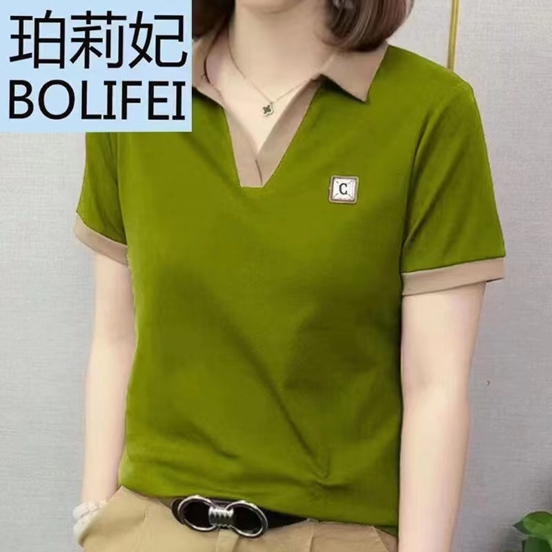 2024夏季简约百搭时尚洋气纯色新款翻领短袖T恤女式上衣POLO小衫 女装/女士精品 大码内搭 原图主图