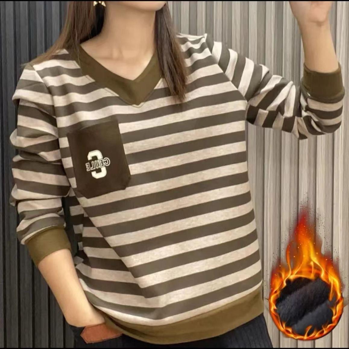 冬季新款加绒加厚打底衫妈妈装韩版宽松显瘦遮肉大码V领T恤女上衣