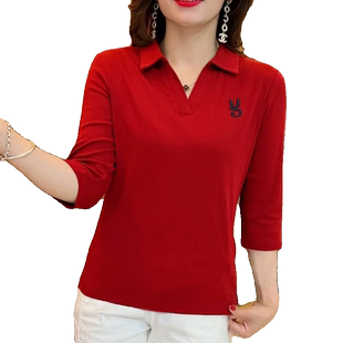 夏polo翻领七分袖t恤女中老年大码妈妈装宽松洋气打底衫遮肚上衣