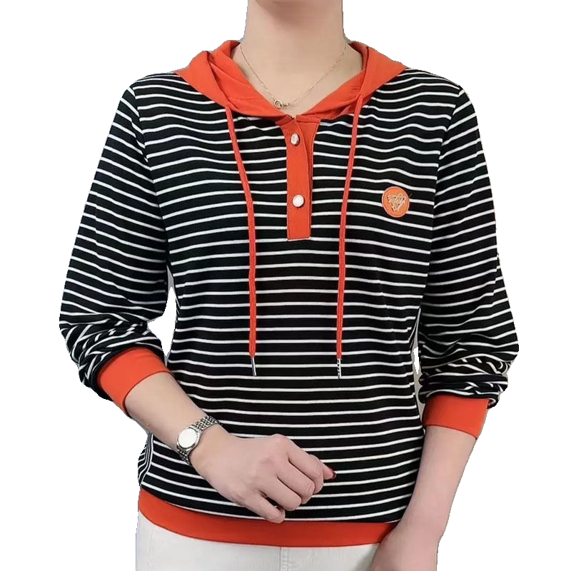 新款时尚休闲百搭显瘦t恤女条纹连帽长袖上衣大码妈妈装款女卫衣