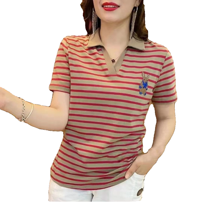 夏中年妈妈polo领条纹百搭短袖