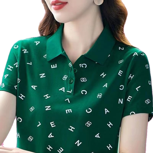 夏季新款翻领polo衫女短袖t恤大码妈妈装印花有带领显瘦体恤上衣