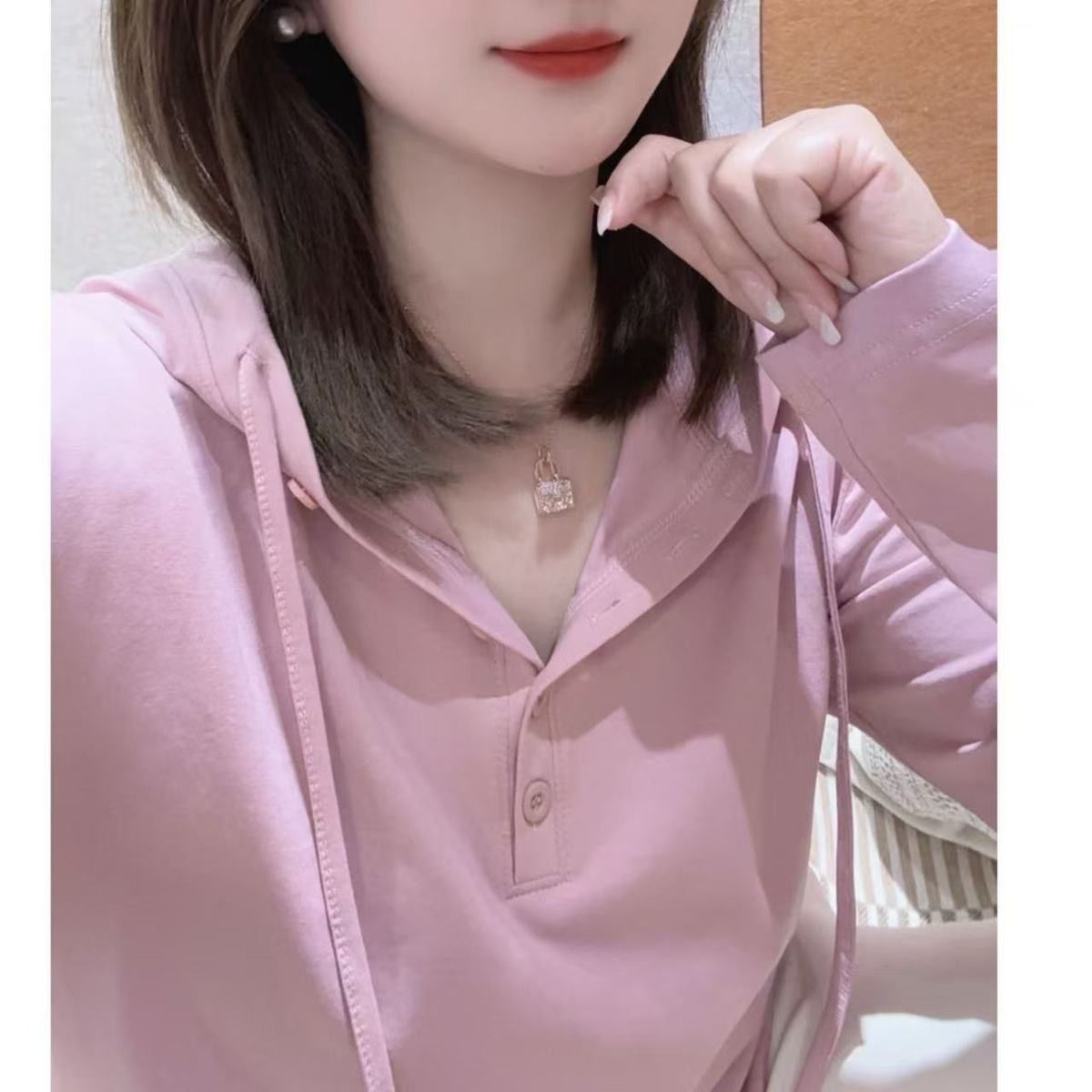 春秋百搭宽松连帽长袖T恤上衣女