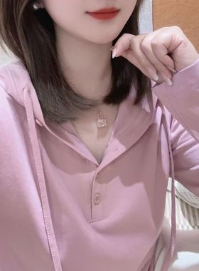 2025新款春秋季休闲百搭连帽长袖T恤女宽松显瘦打底衫上衣潮