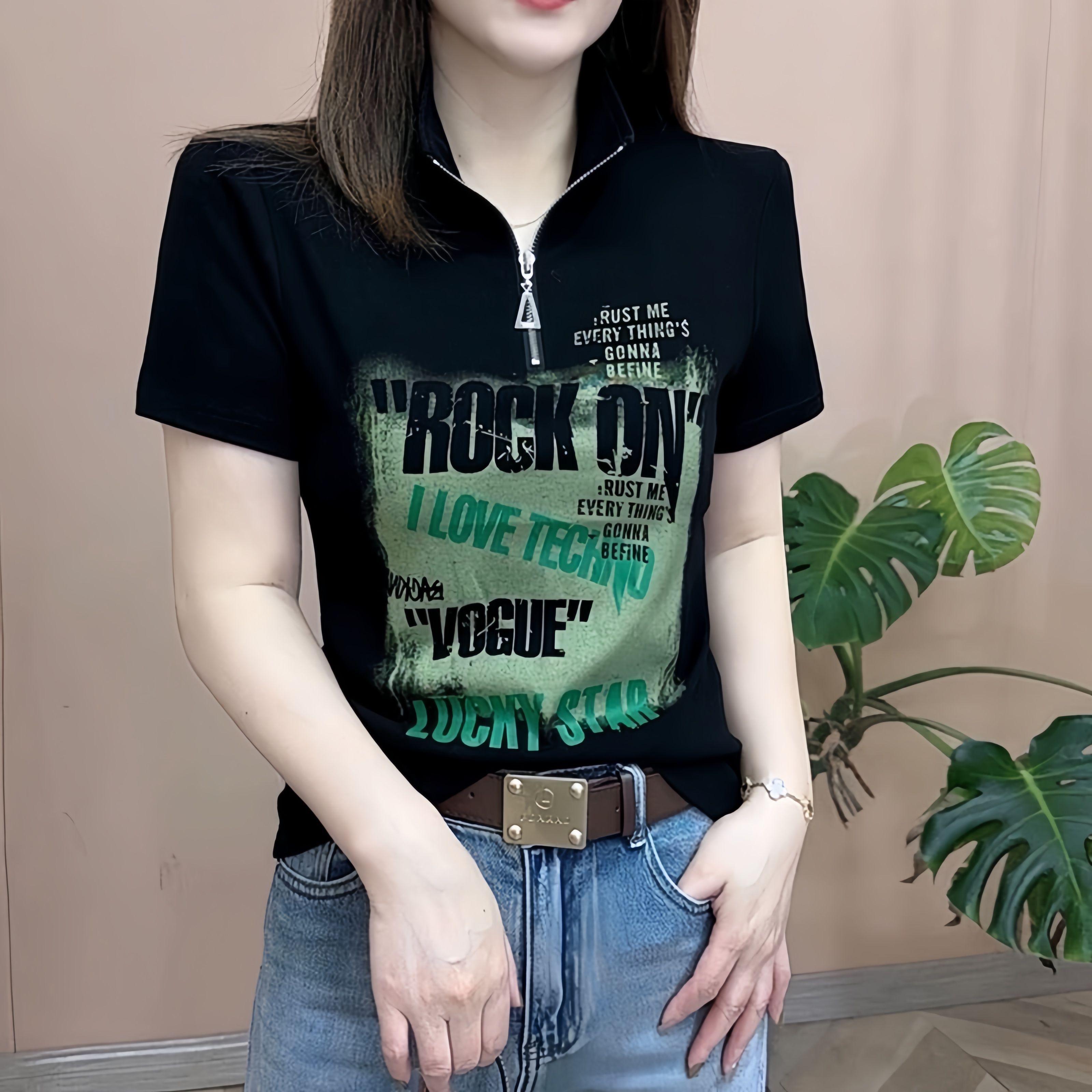 半拉链休闲短袖T恤女夏季欧货