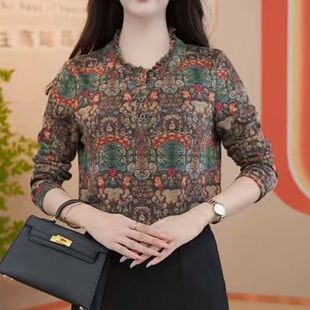 中老年妈妈装 秋冬新款 大码 碎花印花圆领遮肚宽松长袖 打底上衣 时尚