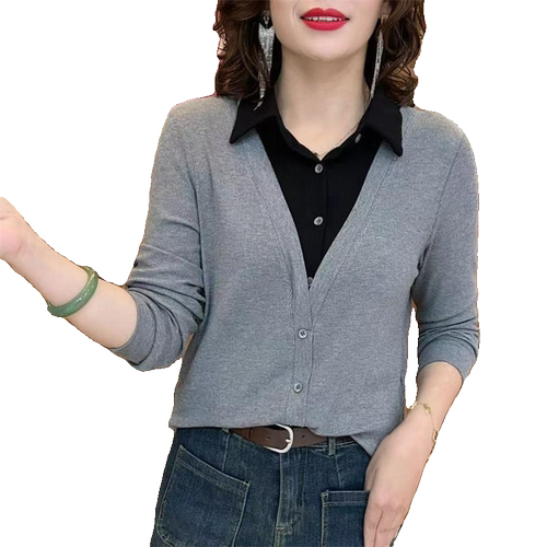 螺纹德绒妈妈装polo领假两件t恤女打底衫时尚长袖气质大码女卫衣