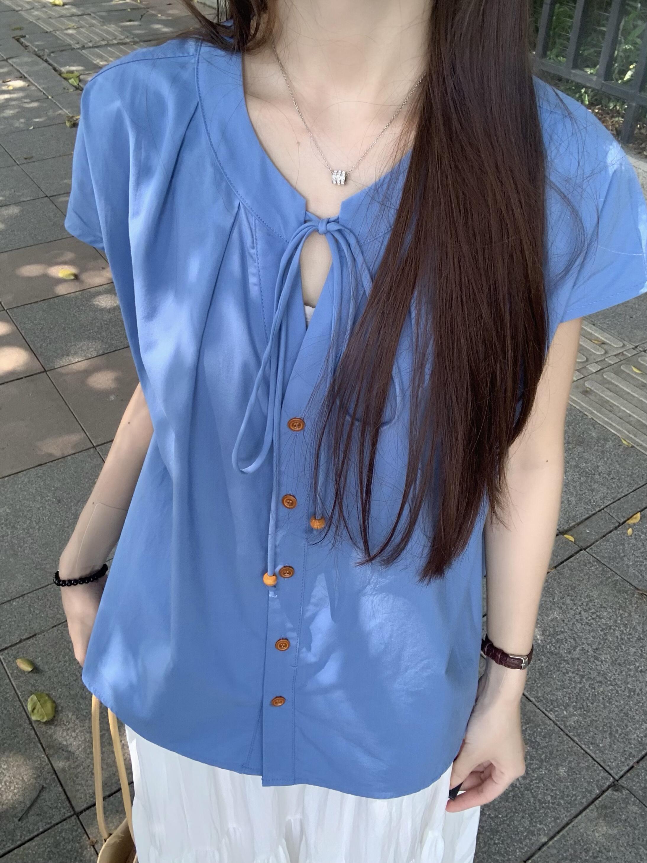 蓝色领口系带小飞袖衬衫女夏季日系复古文艺甜美减龄百搭休闲短袖