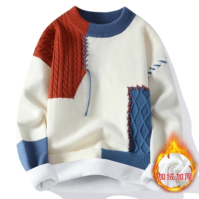 软糯圆领加厚加绒毛衣女宽松慵懒风打底衫女麻花套头拼接针织衫女