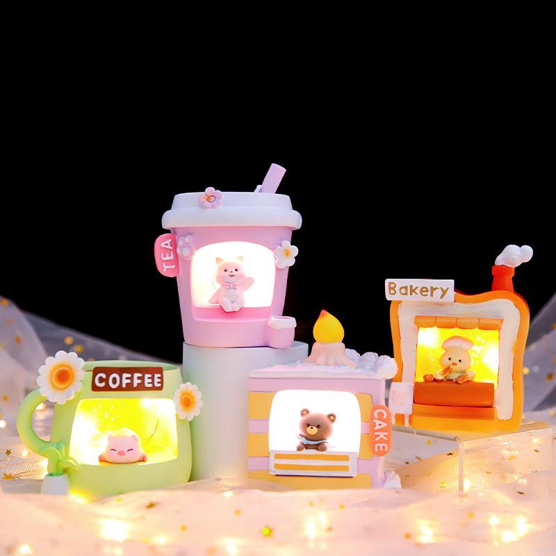 创意甜品小铺吐司蛋糕烘焙小屋萌宠小动物星星灯奶茶小夜灯摆件