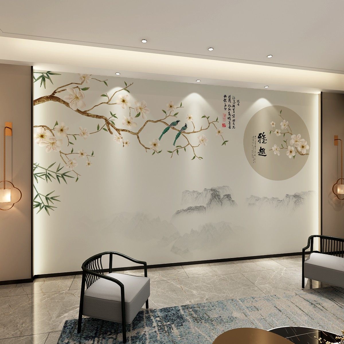 新中式山水花鸟壁纸2022电视背景墙纸沙发装饰壁画客厅影视墙壁布