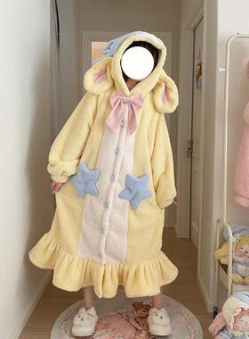 可爱momo兔睡袍女秋冬季珊瑚绒睡衣可外穿新款加厚毛绒家居服套装