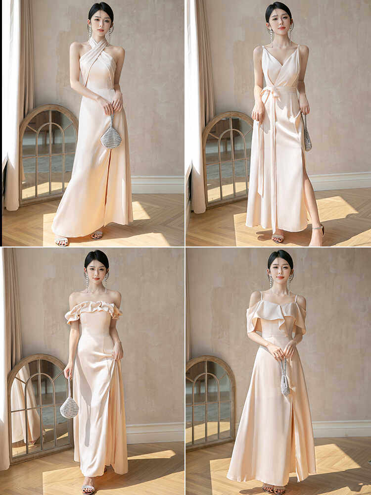 香槟色缎面伴娘服2024新款小众高级感姐妹团礼服裙女显瘦日常可穿