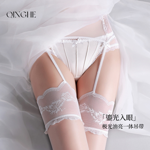 轻禾「耀星」极光油亮丝袜超薄性感蕾丝黑丝女一体吊带黑丝袜免脱