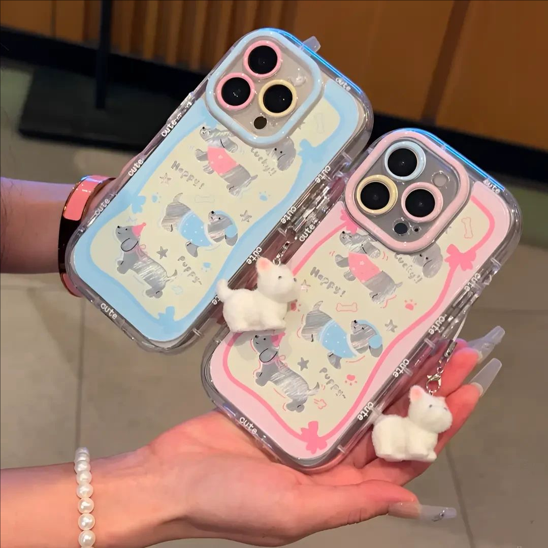 粉蓝小白狗挂件情侣手机壳