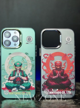 个性创意佛系日韩马里奥手机壳适用于iPhone14puls磨砂金属镜框苹果12/13/14promax大孔全新硅胶外壳11直角边