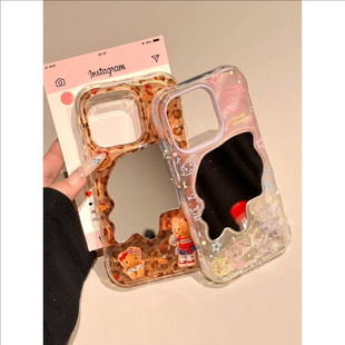 可爱原田治豹纹黑皮猫咪适用iPhone17/16promax补妆镜波浪手机壳高级感华为Pura80/70pro小众Mate70保护套软