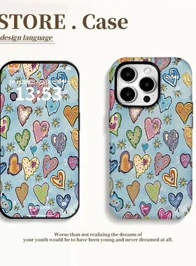 满屏涂鸦爱心手机壳适用iPhone16/15promax磨砂小米15/14二合一菲林壳华为pura70小众mate70情侣vivos20女款