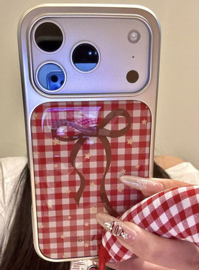红色格纹蝴蝶结带挂绳适用IPhone17promax手机壳苹果16/15/14plus肤感12/13pro银边小米17promax防摔findX9软
