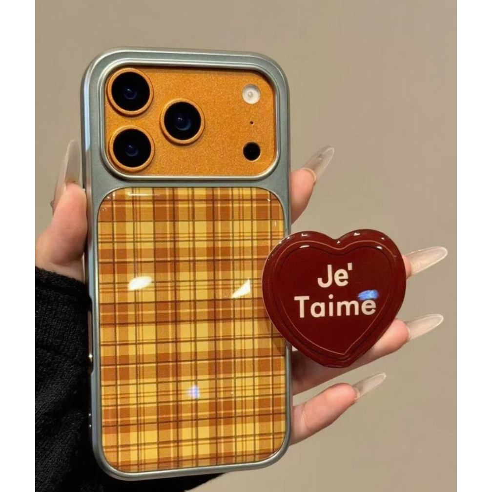 韩系黄棕撞色格纹滴胶手机壳