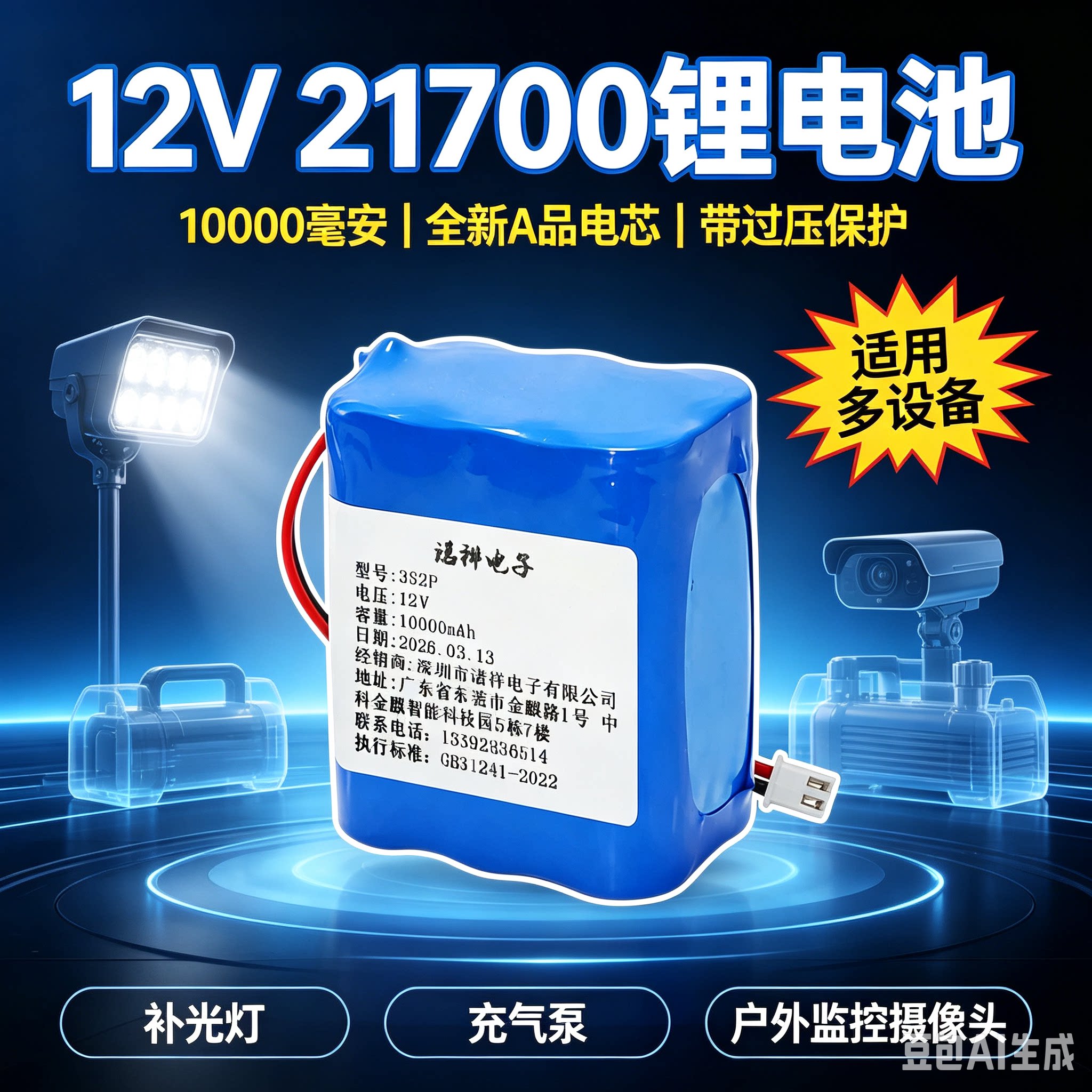 21700锂电池10000毫安12V锂电池大容量太阳能电池音响3.7V7.4V12V
