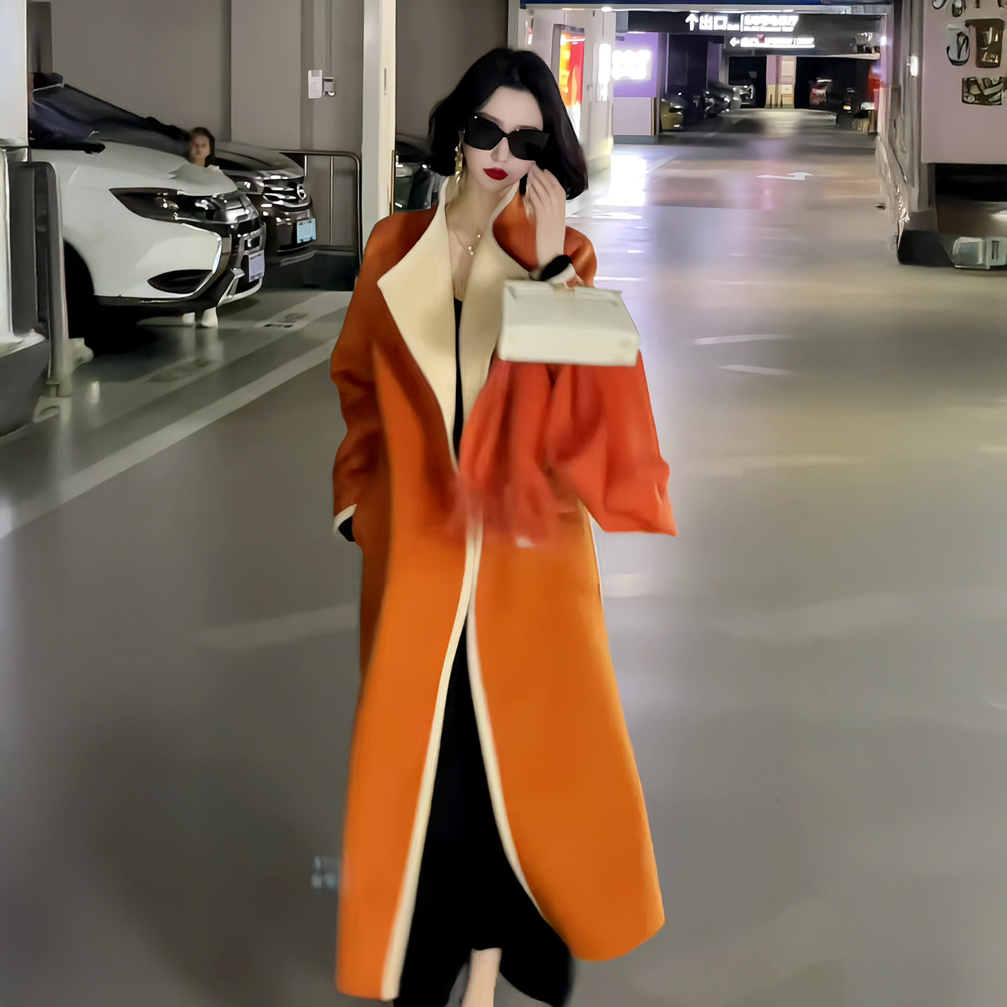 2026年秋季新款韩系洋气百搭长款桔红撞色双面毛呢大衣外套女