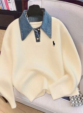 新款美式学院风针织衫拼接牛仔polo领假两件宽松外套女长袖上衣潮