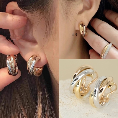 三环三色光面耳环耳圈925银针交叉分色电镀18k金高级感耳钉耳夹