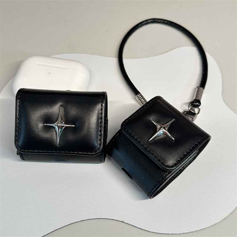 皮质暗黑风四芒星适用苹果AirpodsPro2保护套AirpodsPro新款Airpods4/3黑色小众耳机壳二代三代四防摔0挂绳款