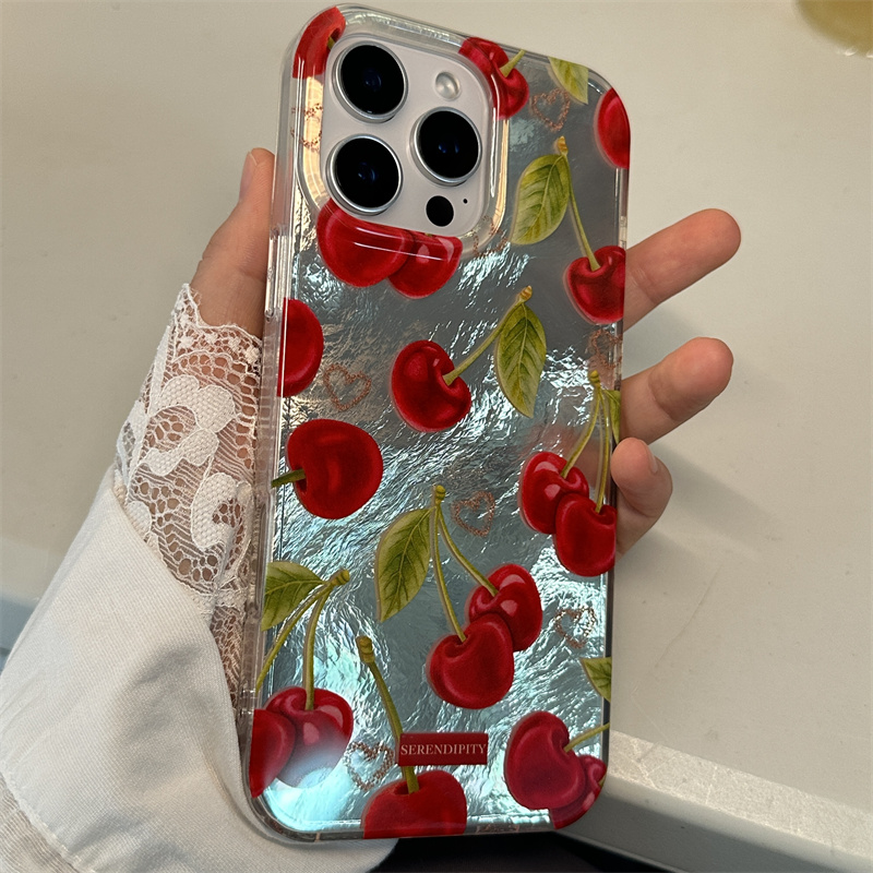 趣味简约水波纹樱桃适用iPhone13promax手机壳苹果16透明1514新款16promax防摔钢化膜保护套可爱女硬背板软边