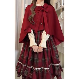 三件套女冬季 红笺洛宴 衬衫 斗篷 复古lolita千金感格子控连衣裙