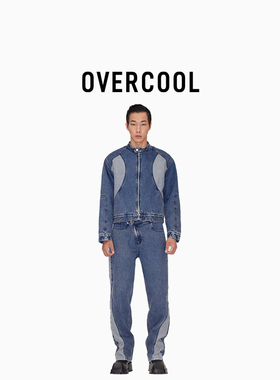 【陆柯燃同款】OVERCOOL秋冬潮牌解构拼接男款直筒宽松美式牛仔裤