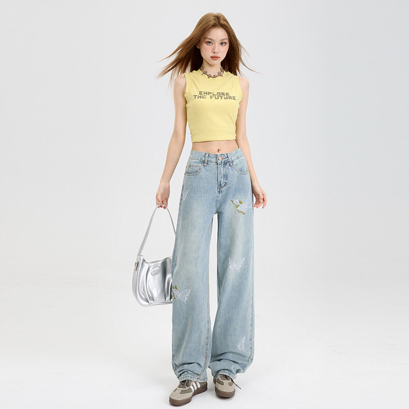 蝴蝶刺绣设计感牛仔裤女2025年春夏季新款高腰显瘦直通拖地阔腿裤